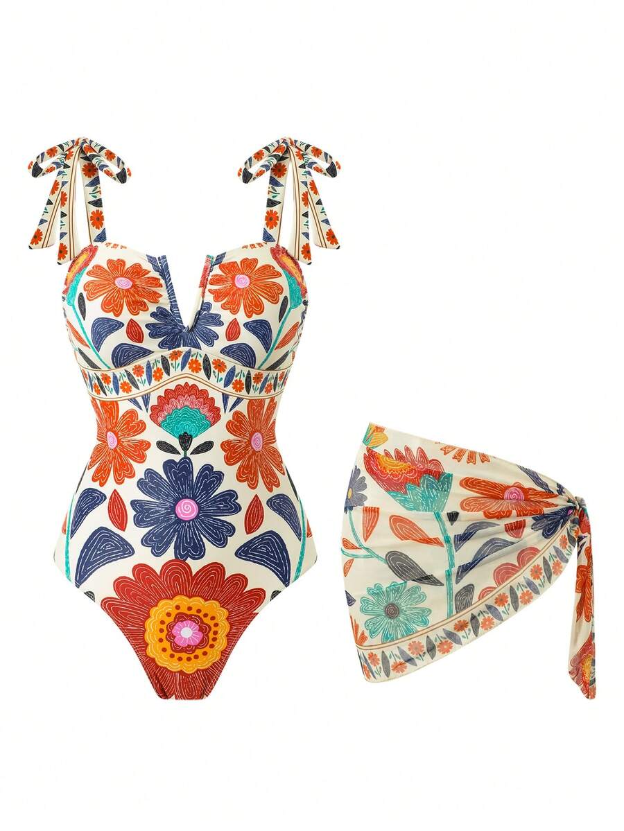 Swim Oasis Women's New V-Neck Printed One-Piece Swimsuit With Ruched Skirt, Slim Fit Two Pieces Set, Spring/Summer - Multicolor - View 1