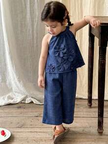 SHEIN LMoss Kids 2件套女婴梭织纯色无袖休闲上衣和打底裤套装 - 藍色 - 查看 7