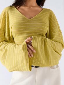LYSMO 2026 新款极简主义春夏条纹V领落肩长袖修身休闲T恤/夏季上衣/夏季/女士夏季/女士夏季/春季女士/春假/派对上衣/派对/女士海滩/海滩/婚礼及活动/外出上衣/女士外出上衣/黄色长袖上衣/喇叭袖上衣/夏季长袖上衣 - 彩色 - 查看 6