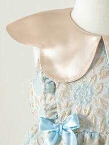 1件女童夏季新款花卉领提花织锦面料优雅蝴蝶结设计公主裙，适合派对、生日、休闲穿着。 - 藍色 - 查看 5