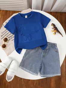 2pcs Toddler Boys' Dinosaur Embossed Denim Shorts Set - Royal Blue - View 2