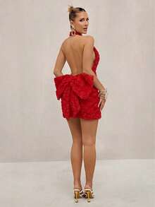 Lumalex 春季情人节甜蜜美丽情人节服装圣瓦伦丁节复活节婚礼订婚成人礼玫瑰花3D立体露背紧身迷你连衣裙，配蝴蝶结，女士 - 紅色 - 查看 4