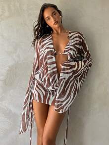 Aloruh 女士春夏新款斑马纹雪纺连衣裙，深V领长袖连衣裙，夸张喇叭袖，优雅性感透视度假连衣裙，沙滩裙 - 彩色 - 查看 8
