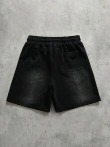 ROMWE MEN Men's Summer Street Acid Wash Rivet Detail Drawstring Waist Shorts - Black - View 3