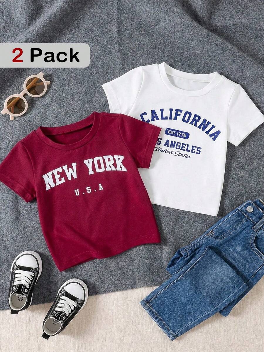SHEIN 2 طقم قميص أطفال ولادي بلون بوردو وأبيض مطبوع عليه حرف بسيط، متعدد الاستخدامات كاجوال مناسب للصيف - عنابي اللون - مشاهدة 1