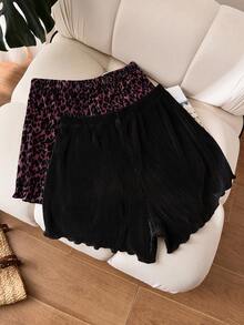 SHEIN CURVE+ Plus Size Summer Casual Leopard Print & Solid Color Pleated Shorts/Graphic Tees - Multicolor - View 2