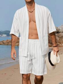 Manfinity RSRT 男士休闲条纹衬衫和短裤套装 - 白色 - 查看 4