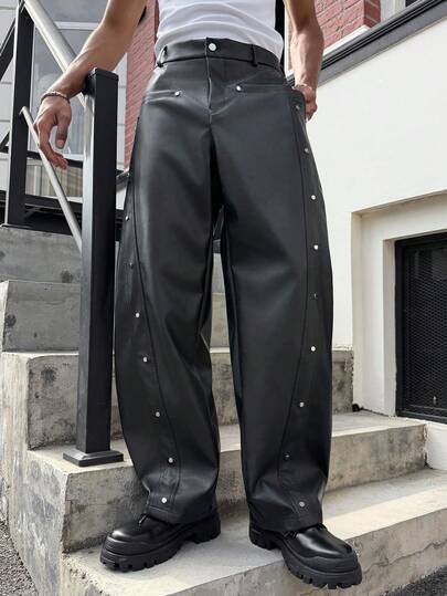 PAVTROS Svarta herrbyxor i PU-läder, lösa vida ben, märke, nitdekor, moderiktiga och mångsidiga