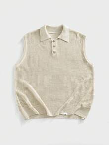 EASEVO Plus Size Men's Casual Autumn Holiday Commute Vacation Solid Color Pointelle Knit Polo Collar Sweater Vest Apricot - Apricot - View 2