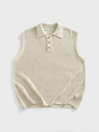 EASEVO Plus Size Men's Casual Summer Holiday & Commute Solid Color Pointelle Knit Polo Collar Sweater Vest