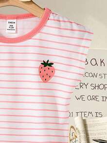 SHEIN 女婴幼儿0-3岁休闲百搭日常百搭爱心刺绣黑白条纹短袖T恤 - 粉色 - 查看 6