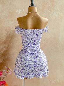 Soleia Women's Fashionable Elegant Off Shoulder Ruched Mini Dress - Violet Purple - View 2