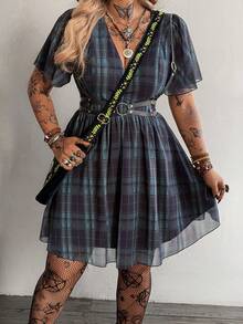 Whyspr Plus Size Plaid V Neck Flounce Sleeve Short Casual A Line Dress For Women - Multicolor - View 6