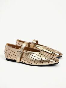CUCCOO CHICEST Zapatos planos de mujer con puntera redonda, cómodos, tipo Mary Jane, con patrón láser vintage simple, para primavera, vacaciones de primavera, Pascua y Navidad - Dorado - Ver 9