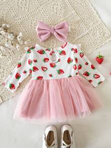 SHEIN 新生女宝宝白色爱心印花褶皱长袖拼接粉色网纱蝴蝶结连衣裙及发带，秋冬新款优雅复古可爱面料舒适 - 白色 - 查看 2