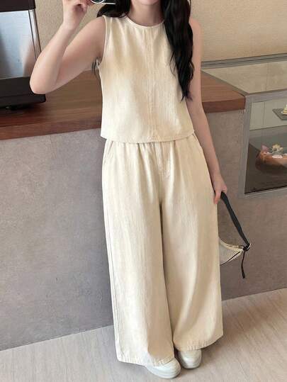 2件套女童杏色牛仔宽松背心和裤子套装