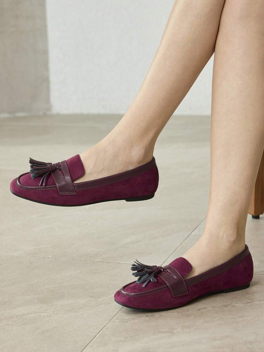MOTF CLASSIC TASSEL LOAFERS SLIP-ON CASUAL SHOES, SQUARE TOE FLAT SHOES FOR WOMEN, SUITABLE FOR AUTUMN/WINTER - Burgundy - View 1