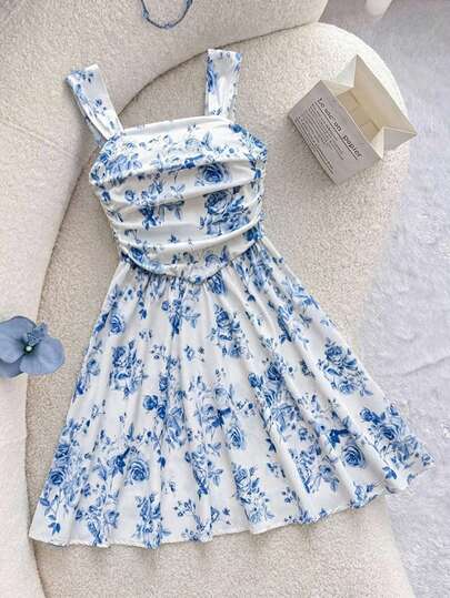 Tween Girls Elegant Casual Holiday Floral Print Square Neck Short Dress, Ruffle Trim, Ruffle Sleeves, French Romance, Suitable For Spring And Autumn Long Girls Dress, Holidays, Afternoon Tea, Beach Cruise Vacation, Road Trip, City Vacation, Four Seasons Wear, Wedding Season, Music Festival Wear, Music Festival, Bohemian Vacation