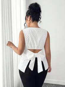 Elenzga Plus Size Women's Summer White Elegant Wedding Guest Blouse,Round Neck Sleeveless Bow-Tie Backless Hollow Eyelet Knit Casual Vacation Tops,Zanzea - White - View 6