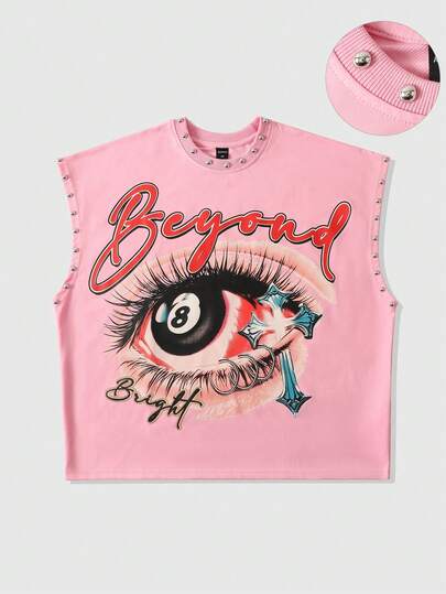 ROMWE MEN Street Life Spring/Summer Casual Graphic Pink Men'S Y2K Fashion Street Sunglasses, Letter & Cross Print Rivet Decor Loose Tank Top, Summer