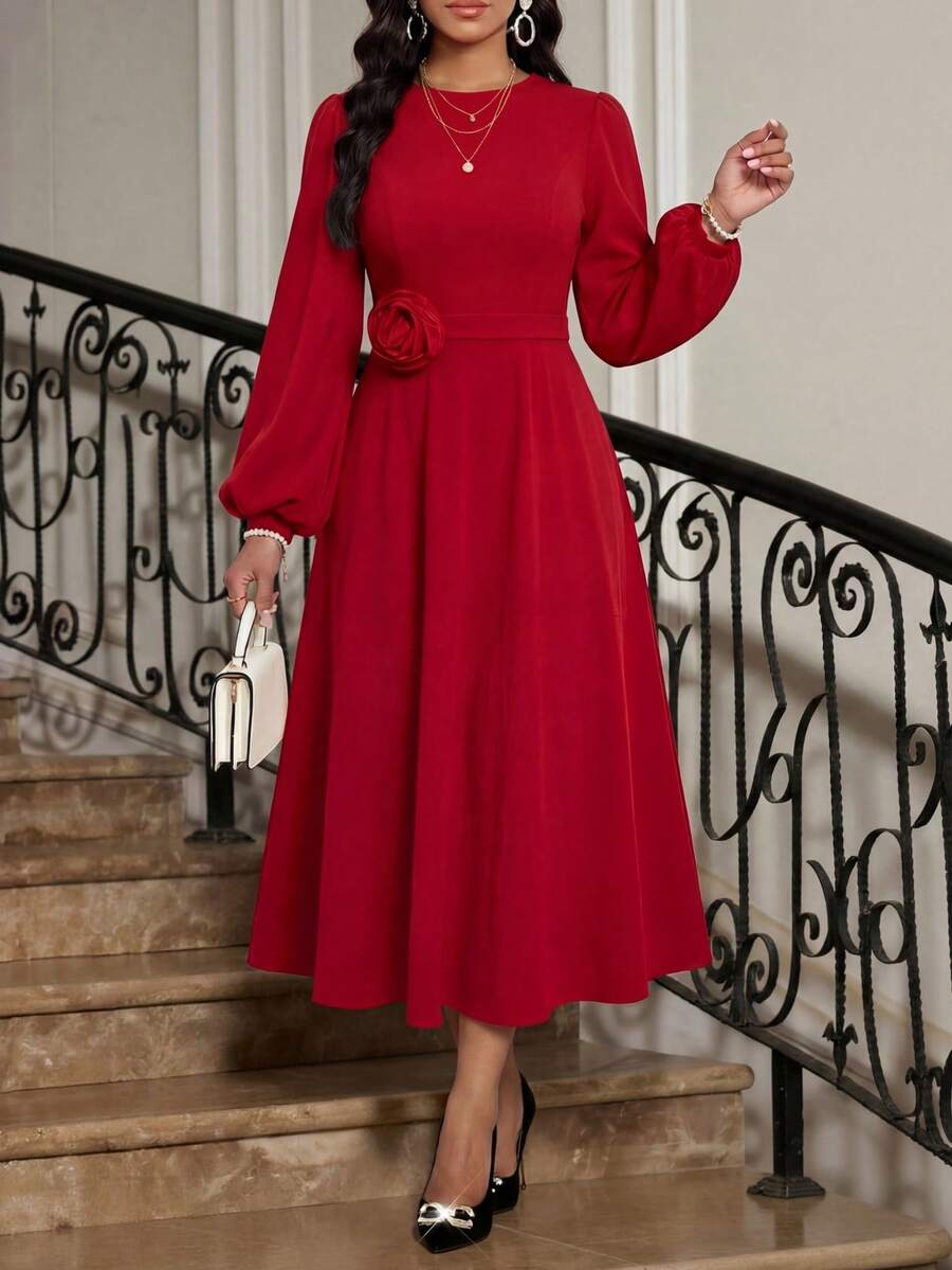 SHEIN Lady Đầm nữ cổ tròn màu trơn tay raglan phồng, thắt eo, dáng dài ngang gối, thanh lịch với họa tiết hoa. - Màu Đỏ Sâu - Xem 1