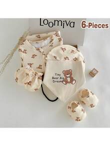 Loomiva 6pcs Newborn Baby Cute Brown Bear All-Over Print Footie Pajama Set - Multicolor - View 6