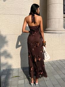 SHEIN Unity Women's Burgundy Halter Maxi Mermaid Dress, Luxury Embroidered Elegant Gown For Wedding, Party, Vacation, Night Club, Date, Autumn, Valentine's Day, Christmas - Coffee Brown - View 2