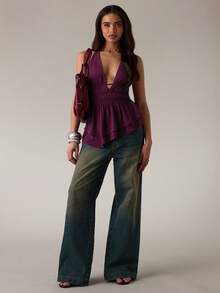 SHEIN BAE 女士茄紫色褶皱露背吊带背心，适合春夏度假、派对、夜店、海滩等场合，性感百搭，褶皱设计 - 中紫紅色 - 查看 1