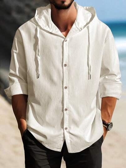 Manfinity Homme قميص كاجوال للرجال بأكمام طويلة وقلنسوة ذو لون أحادي