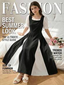 SHEIN Girls' Elegant Black & White Chiffon Waist Cinched Puff Sleeve Patchwork Dress - Black and White - View 4