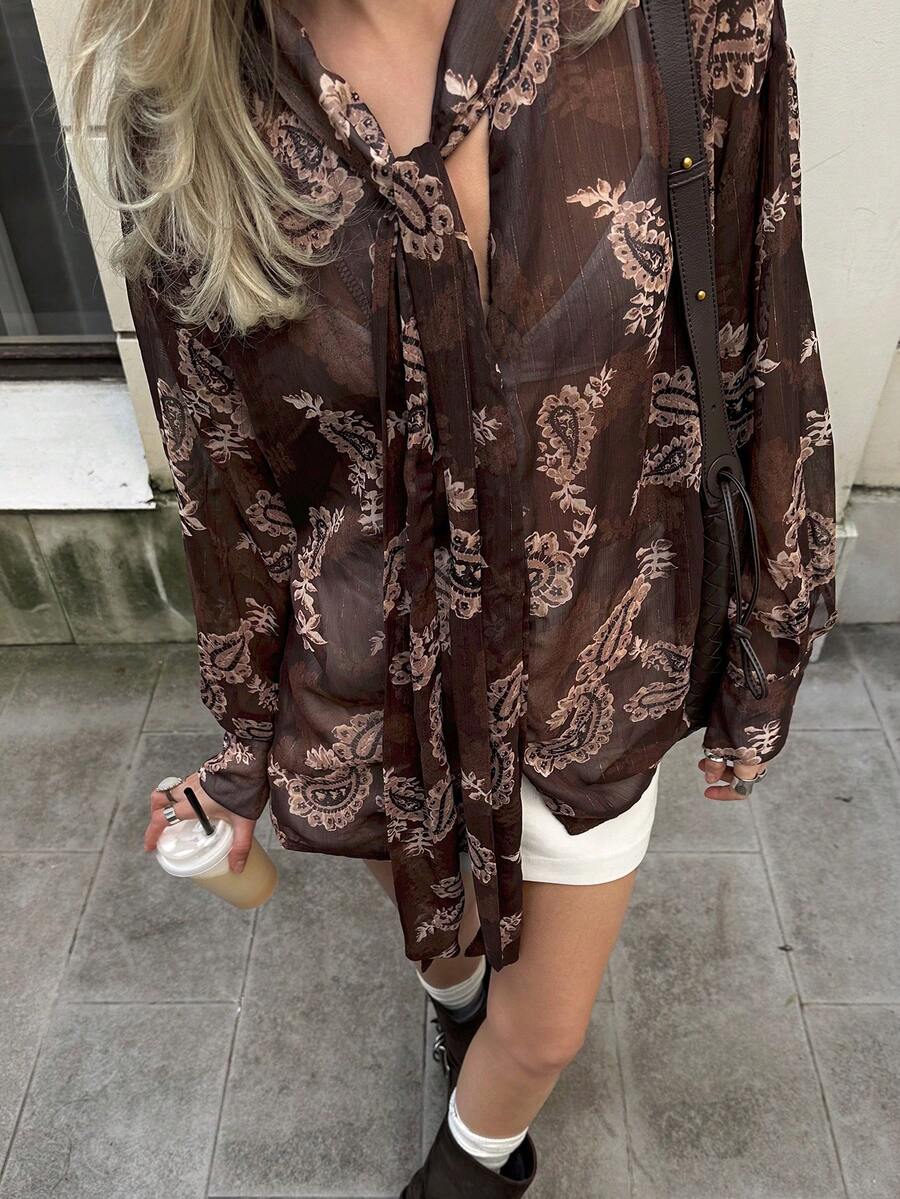 DAZY Áo kiểu nữ dáng rộng, màu trơn, tay dài, chất liệu chiffon, cổ buộc dây, thích hợp mặc mùa hè. - Cà phê nâu - Xem 1