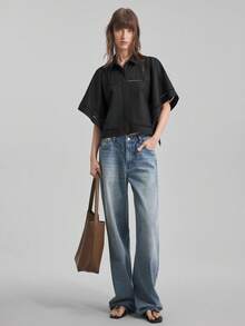 Ontre Áo sơ mi nữ mới mùa Xuân/Hè 2026, phù hợp cho thời tiết chuyển mùa, đi học, phong cách đồng quê, công sở, trang phục thường ngày, hẹn hò, đi chơi, sân bay, dự tiệc, áo sơ mi dáng rộng màu trơn, kiểu dáng thường ngày. - màu đen - Xem 8