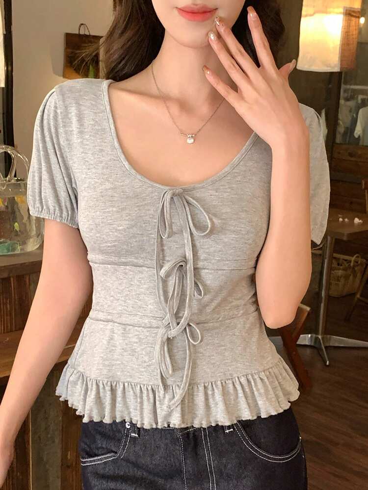 Women's Solid Color Round Neck Short Sleeve Tie Pleated Casual T-Shirt, Summer