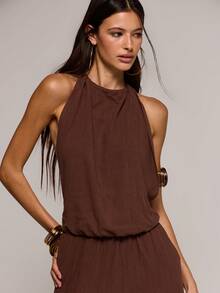 MUSERA Linen Feel Halterneck Loose Fit Wide Leg Jumpsuit Spring Summer Sexy Date Night Club Festival Holiday Night Out Vacation Spring Outfits Soul Ties - Brown - View 2