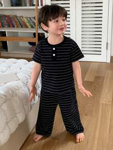 DAZY Ropa de estar en casa cómoda con cuello redondo y rayas para niños pequeños - Negro - Ver 5