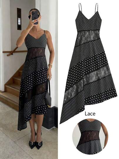 Siren Gaze Women's Contrast Lace Polka Dot Print Asymmetric Hem Elegant Spaghetti Strap Mid-Length Dress Casual Solid Color Asymmetrical Hem Lace Patchwork, Basic Everyday Wear, Spring/Summer Casual For Women Vacation Outfits Women Summer Holiday Outfits Holiday Outfits For Women Vacation Outfits For Women Summer Outfits Summer Outfits For Women Spring Outfit Women Spring Break Outfits Beach Dress Beach Outfits For Women Beach Outfit For Women Casual Blouses For Women Going Out Top Going Out Tops For Women Summer Dress Women's Summer Slim Fit Asymmetric Lace Sleeveless  With Hem Splicing And Flutter Design Dress  Black & White Polka Dot Print Patchwork Lace Trim Sweetheart Neck Puff Short Sleeve A-Line Midi Dress, Minimalist Vacation Travel Elegant Sweet Casual For Women Spring Summer Black & White Polka Dot Full Print Splicing Lace Trim Heart Neck Puff Sleeve Ruched Waist A-Line Midi Dress, Simple Yet Elegant, For Vacation & Daily Wear, Spring/Summer Ladies