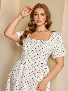 Roveilla 加大码女式杏色底黑色波点方领收腰泡泡袖褶皱喇叭下摆长连衣裙，浪漫波点，法式复古优雅正式办公通勤商务休闲海滩度假街头风下午茶情人节约会波西米亚中东风春夏新款 - 杏色 - 查看 5