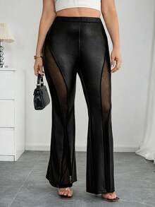 SHEIN Tall CURVE 大码女式纯色弹力腰网纱PU皮喇叭裤 - 黑色 - 查看 3