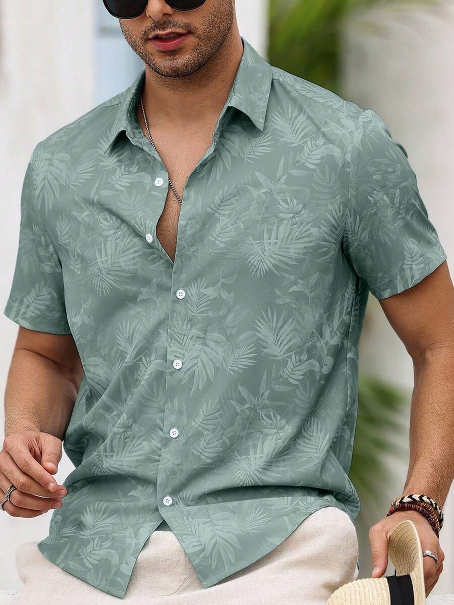 Manfinity RSRT 男士夏季休闲度假植物印花纽扣短袖衬衫 - 灰綠 - 查看 1