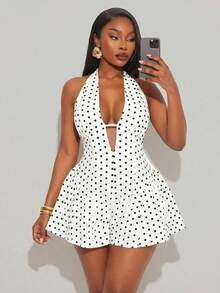 SHEIN SXY 大码波点印花露背吊带性感连体裤 - 白色 - 查看 2