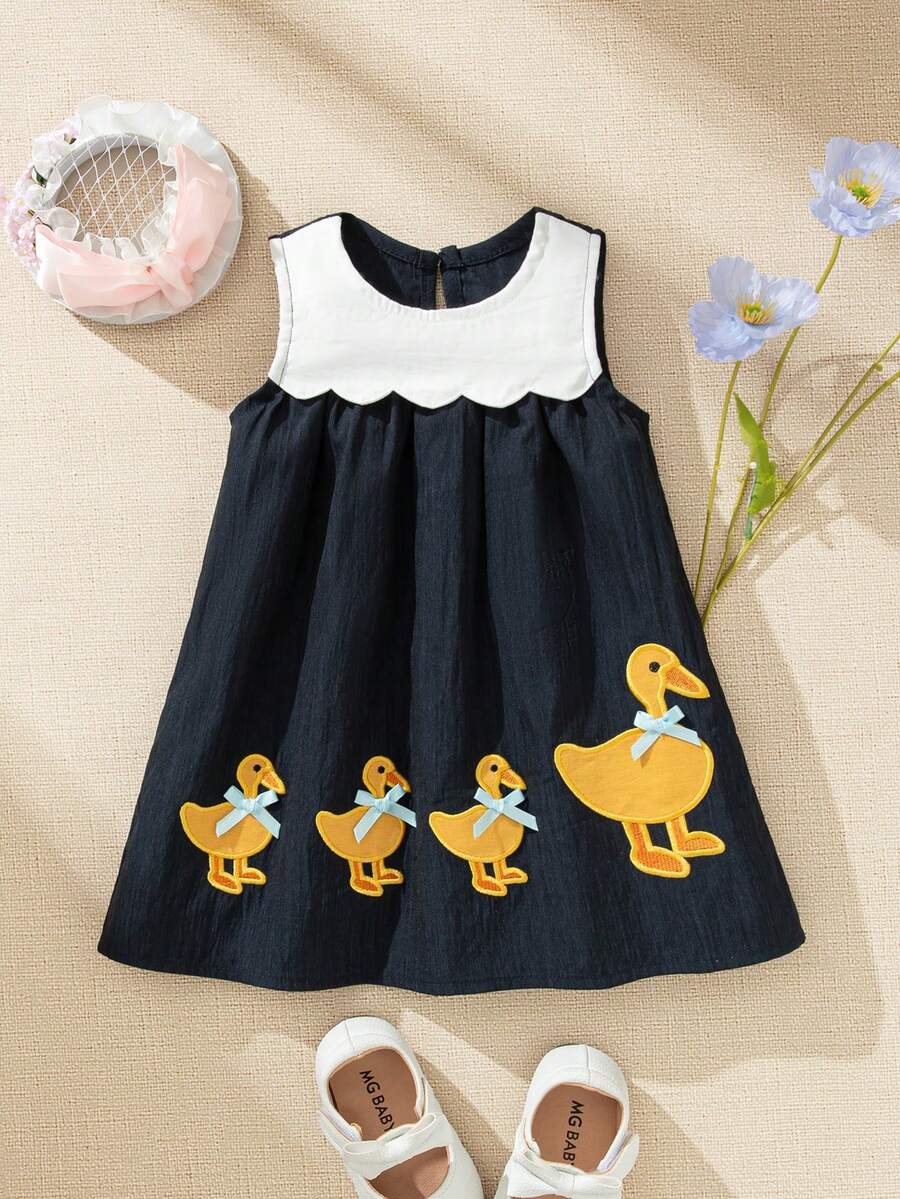 Souflis Souflis Spring/Summer Cute Cartoon Duck Embroidered Hem Sleeveless Round Neck Dress For Baby Girls, Playful & Sweet - Blue - View 1