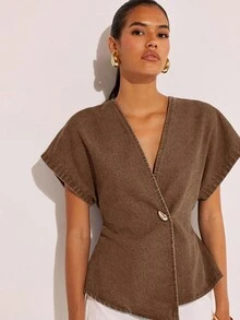 COSMINA 女士时尚通勤蝙蝠袖牛仔衬衫 - 棕色 - 查看 3