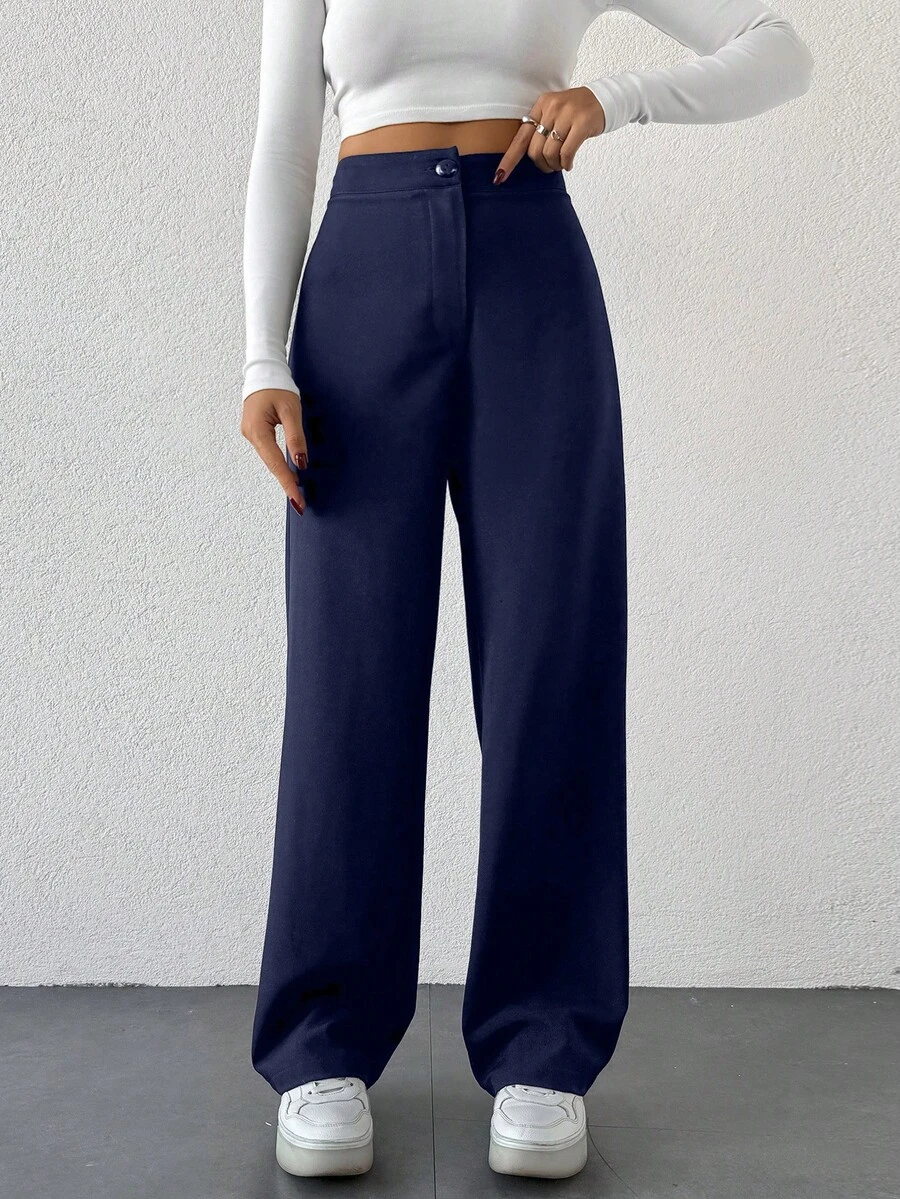 EURMUSE Women's Minimalist Casual Commute Solid Color Straight Leg Pants - Navy Blue - View 1