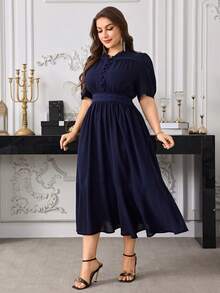 Modelyn 大码女式休闲修身短袖连衣裙，适合通勤和日常穿着 - 藏蓝色 - 查看 5