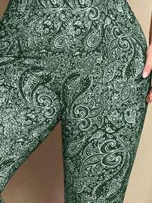 EMERY ROSE 大码佩斯利印花弹力腰金属色七分紧身裤 - 綠色 - 查看 4