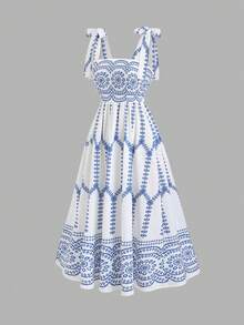 Sweetra Petite Sweet Beach Vacation A-Line Dress With Backless Design, Tie-Up Waist, Flared Skirt, Suitable For Petite Women, Spring/Summer - Blue and White - View 3