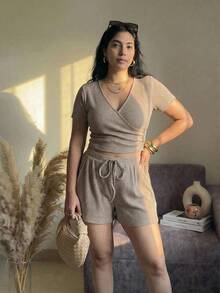 SHEIN MOD Plus Size Comfortable Set, Khaki Casual Brushed Ribbed Short Sleeve T-Shirt And Shorts Set, Spring/Summer Loungewear.Plus Size Taupe Ribbed Knit Two Piece Set Short Sleeve Top V Neck Wrap Front Drawstring Waist High Rise Shorts Soft Texture Lightweight Fabric Relaxed Fit Comfortable Wear Subtle Sheen Minimalist Style Elastic Waistband Casual Look Simple Design Gentle Stretch Summer Casual Outfit Woman Summer Outfit Set Shorts Outfit Set - Khaki - View 11