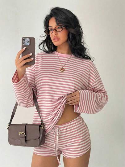 Aloruh 女士休闲条纹圆领长袖上衣和短裤两件套，夏季