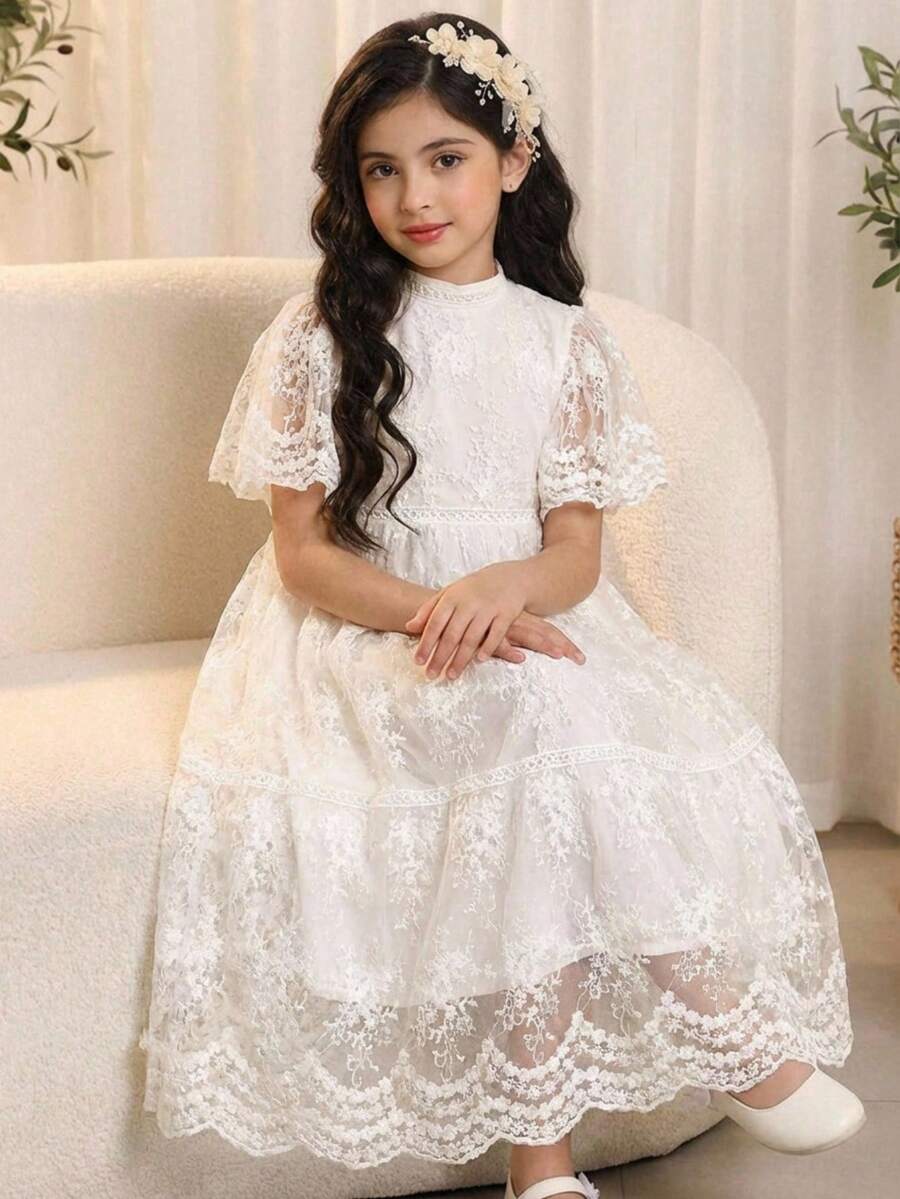 SHEIN 女童米色高领蕾丝刺绣短袖中长公主裙，适合生日派对、花童、正式场合 - 彩色 - 查看 1