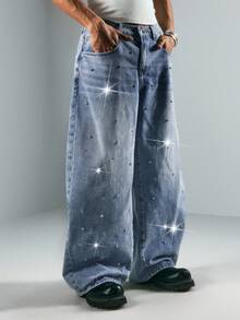 ROMWE MEN Street Life Quần jeans ống rộng nam, có túi, cài nút và đính đá, kiểu dáng thường ngày, đa năng. - Màu xanh nhạt - Xem 11
